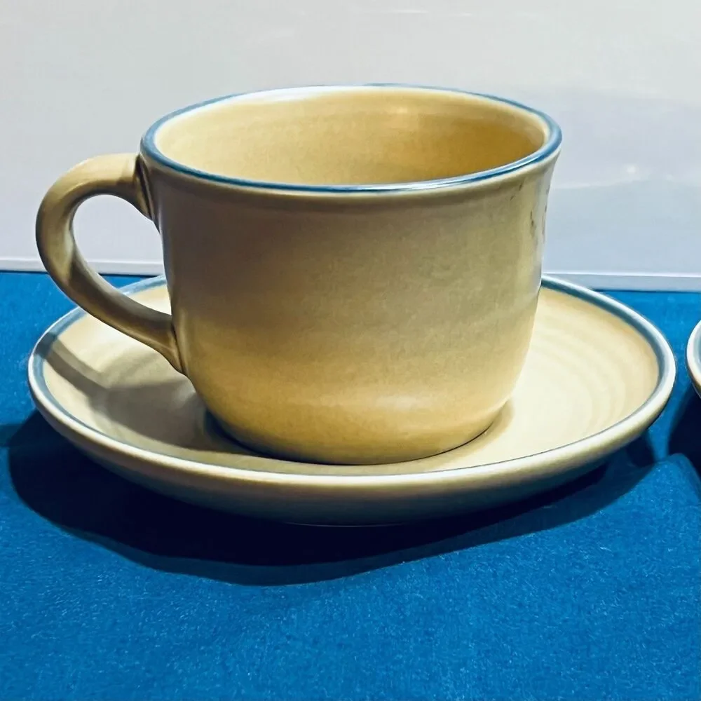 Set of 2 Vintage Pfaltzgraff Folk Art Flat Cup and Saucer Tan Stoneware Blue Flo